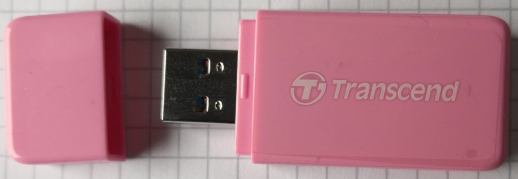 Transcend RDF5 in pink. top view. Why pink? Because I tend to mislay my stuff and spent way too much time searching.