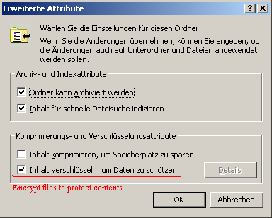 Explorer settings dialog showing checked box for encryption