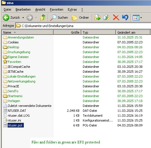 Sina's home folder. The vast majority of files and folders appears in green showing that EFS is active