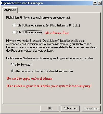 SRP set on enforcing on all files. DLLs not excluded, but no enforcement on local admins.