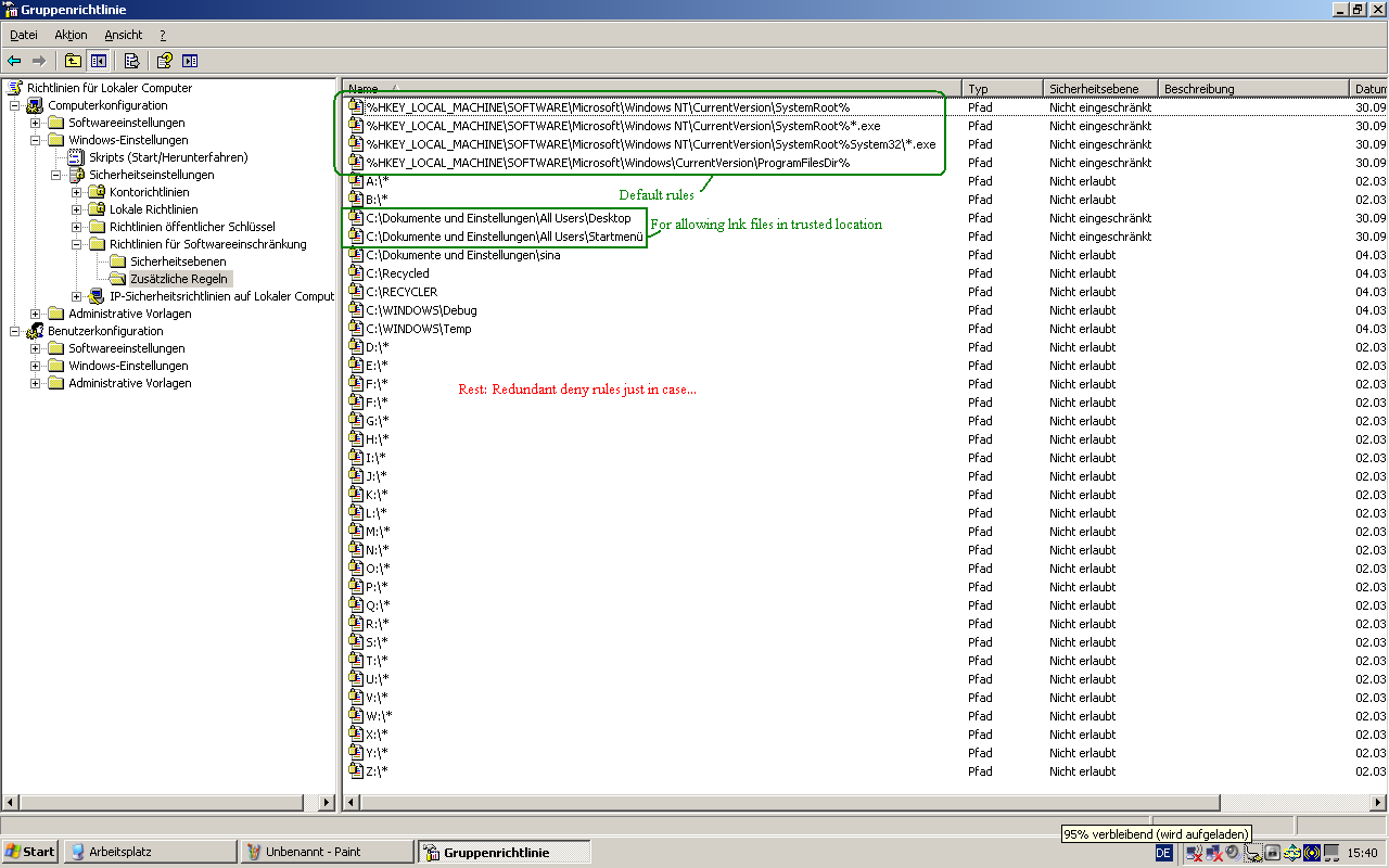 All my SRP rules, including the default allow rules for C:\Program Files and C:\Windows redundant deny entries for all drives but C:\